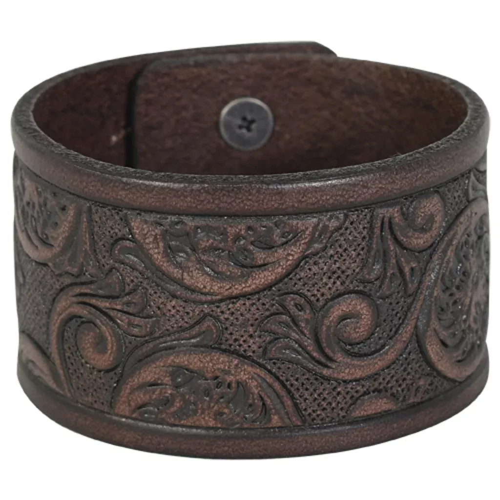 22071BJ1 - Justin Bracelet Brown Tooled Leather Cuff, 2.25"W