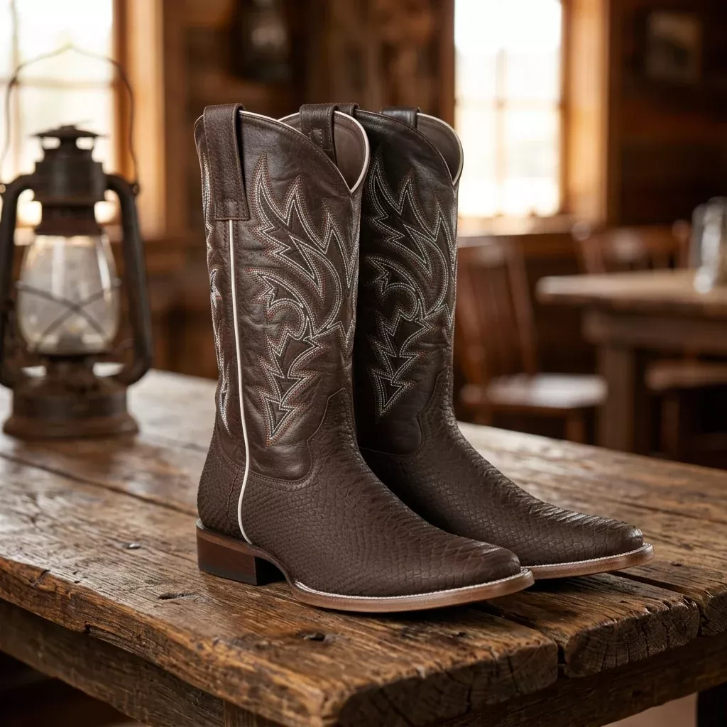 8002 - RockinLeather Men's Sanded Chocolate Python Square Toe Western Boot