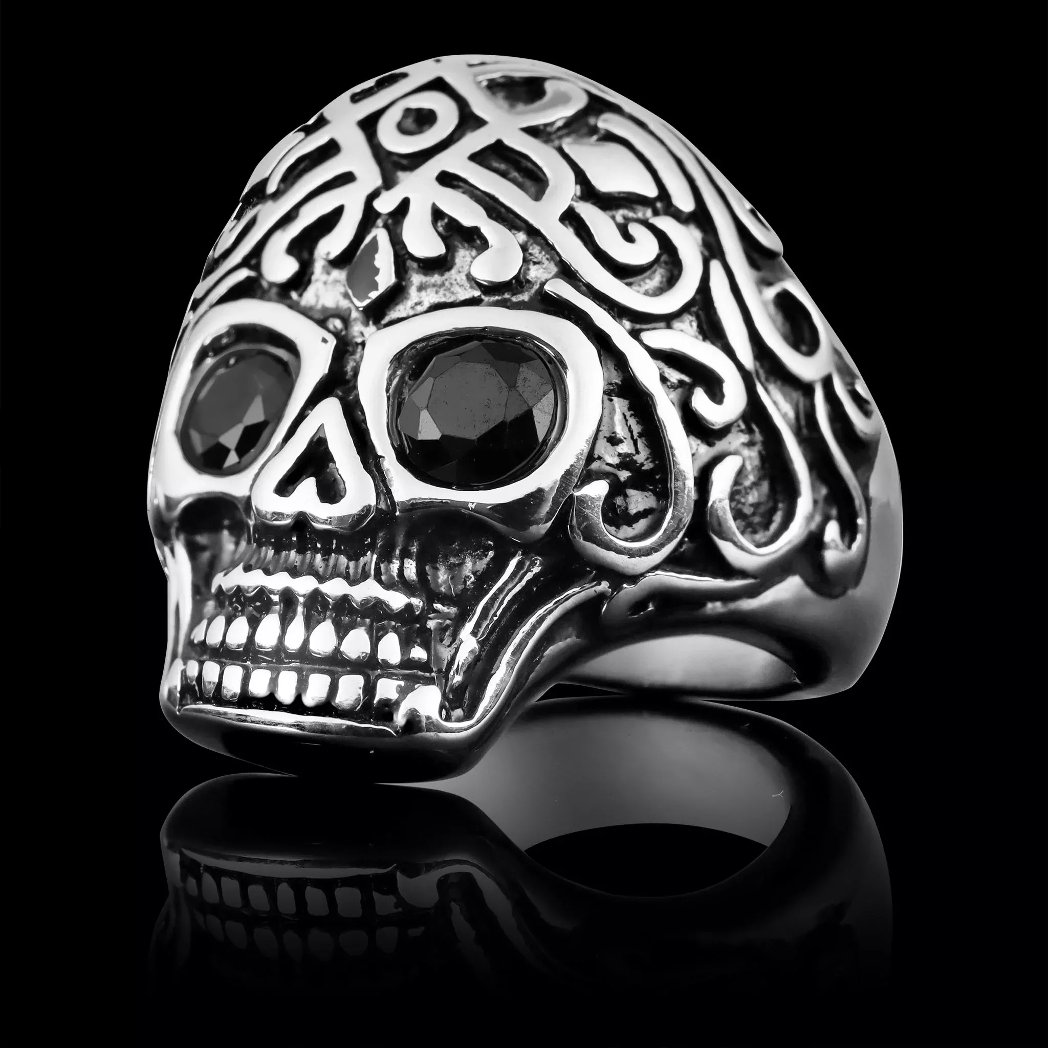 Black CZ Eyed Skull Ring