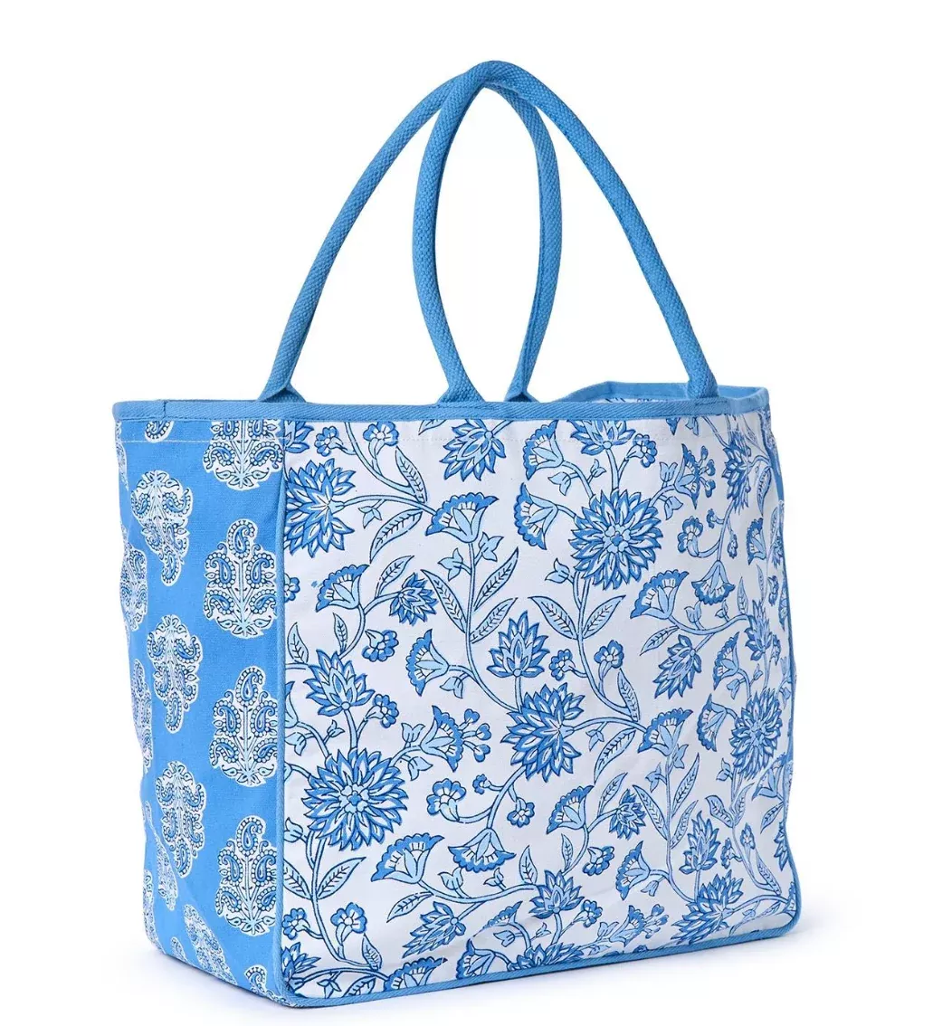 Blue Block Print Beach Bag