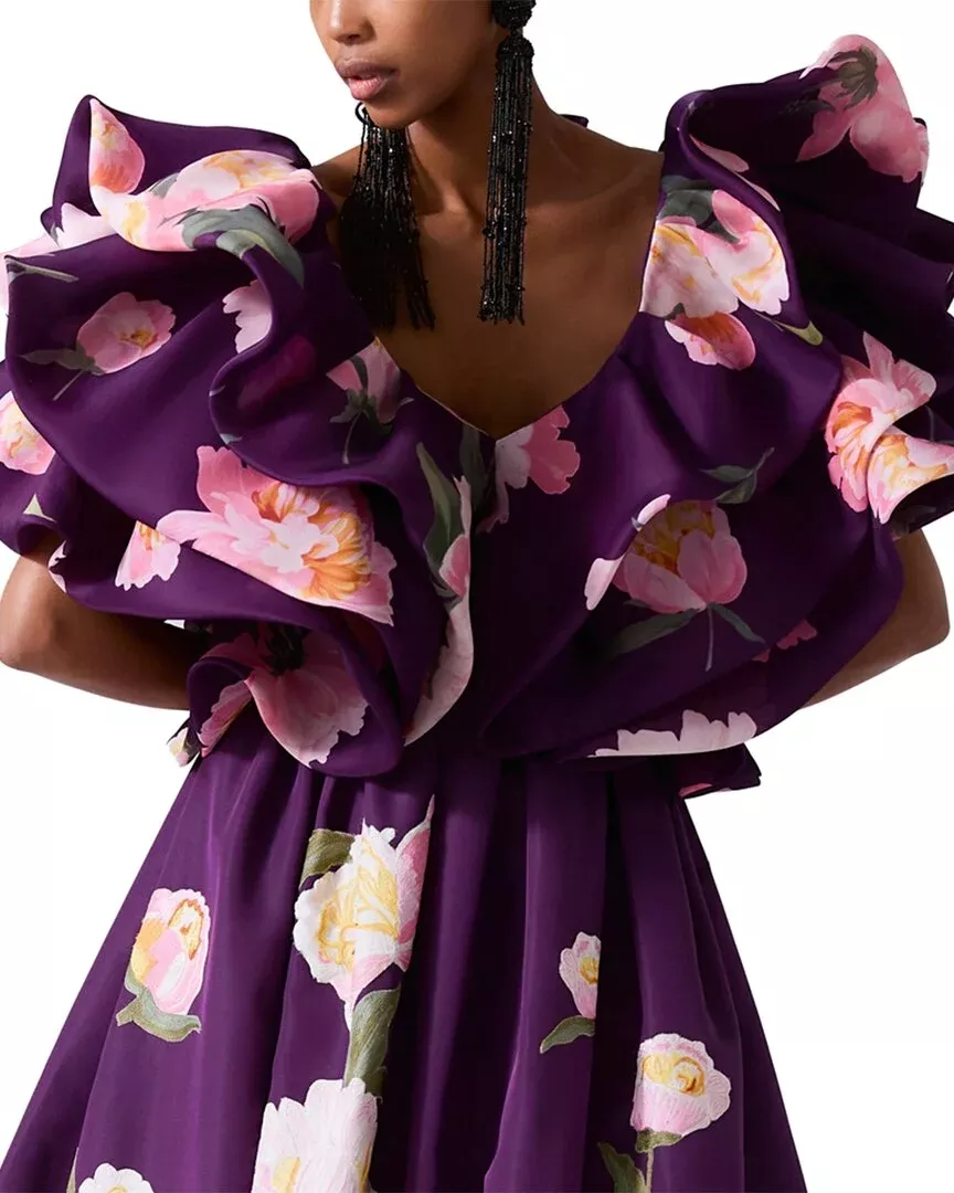 Carolina Herrera V-Neck Folded Ruffle Silk Top