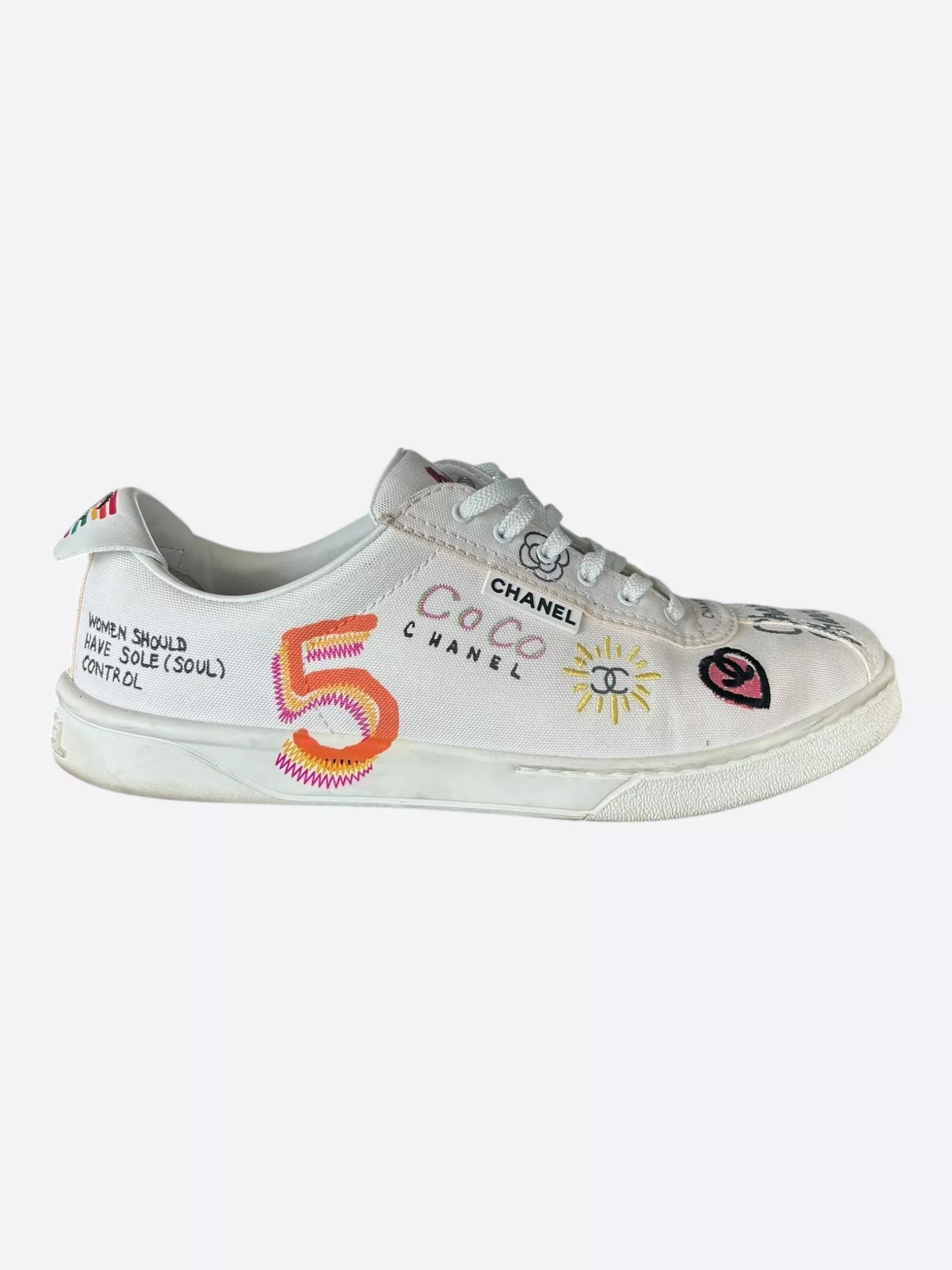 Chanel Pharrell White & Multicolor Graffiti Logo Sneakers