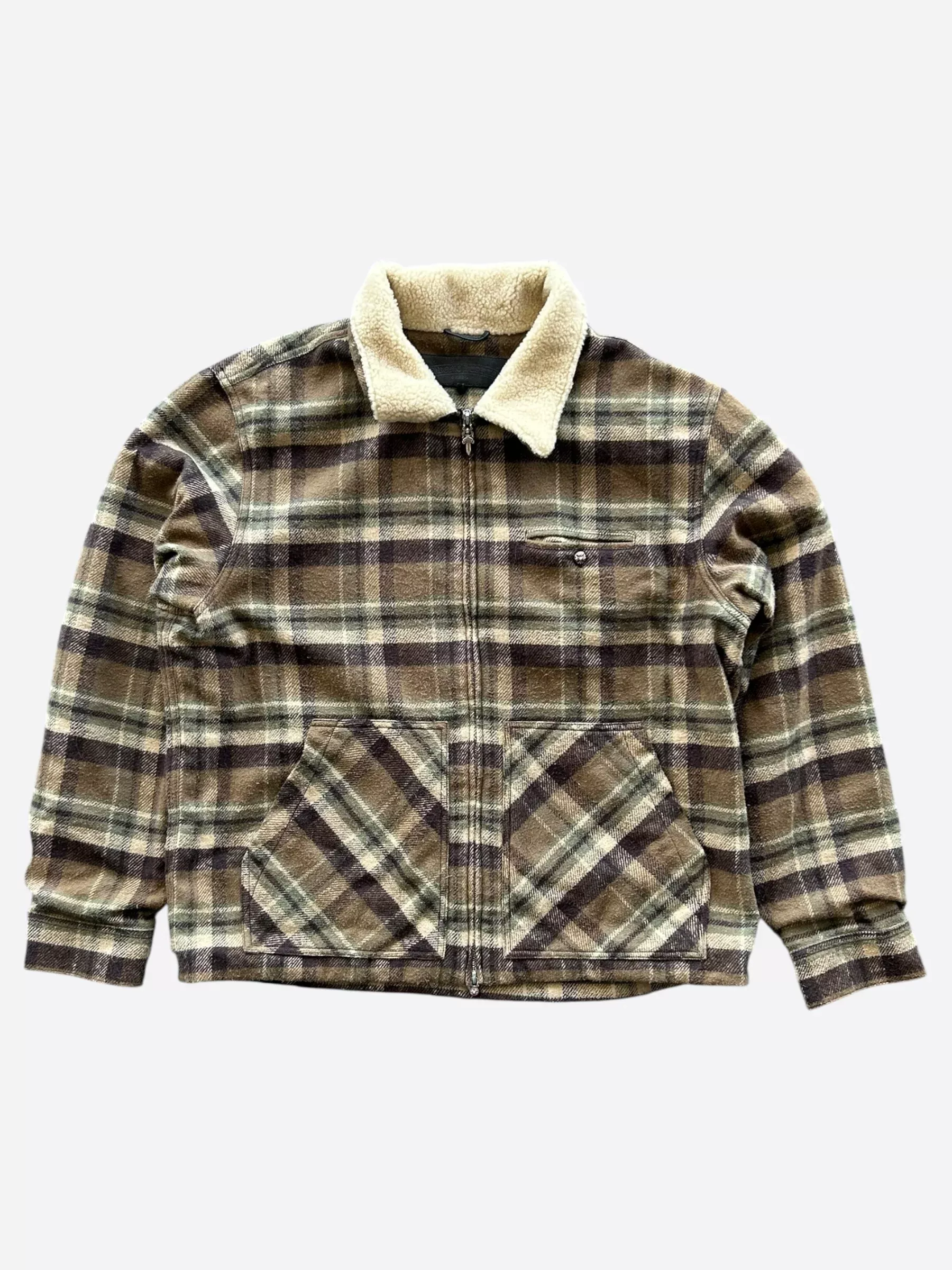 Chrome Hearts Beige & Brown Plaid Shearling Flannel Jacket