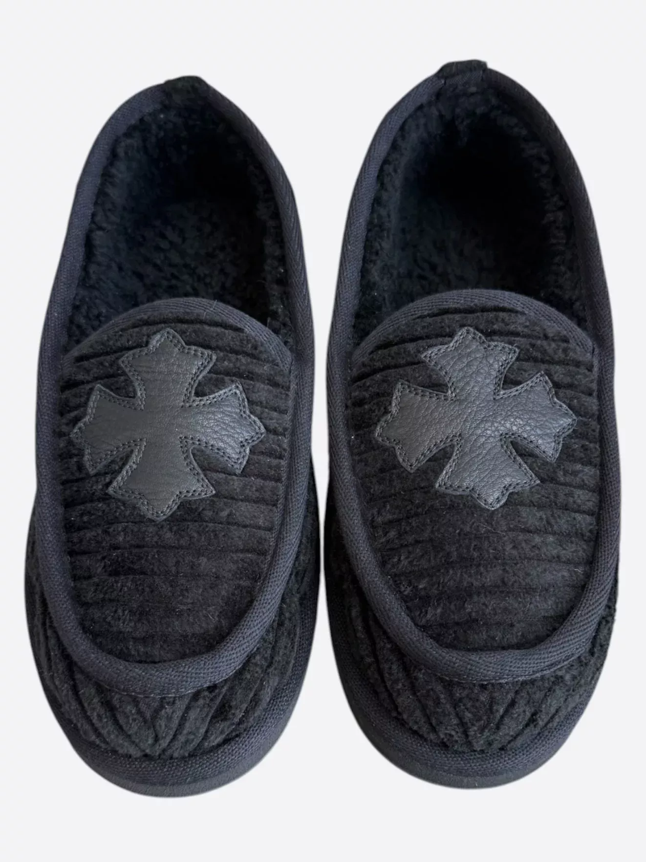 Chrome Hearts Black Corduroy Cross Patch Slippers