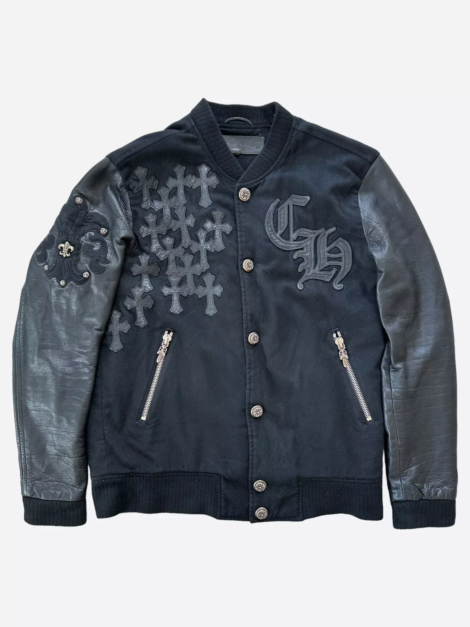 Chrome Hearts Black Leather Cross Patch Bomber Jacket