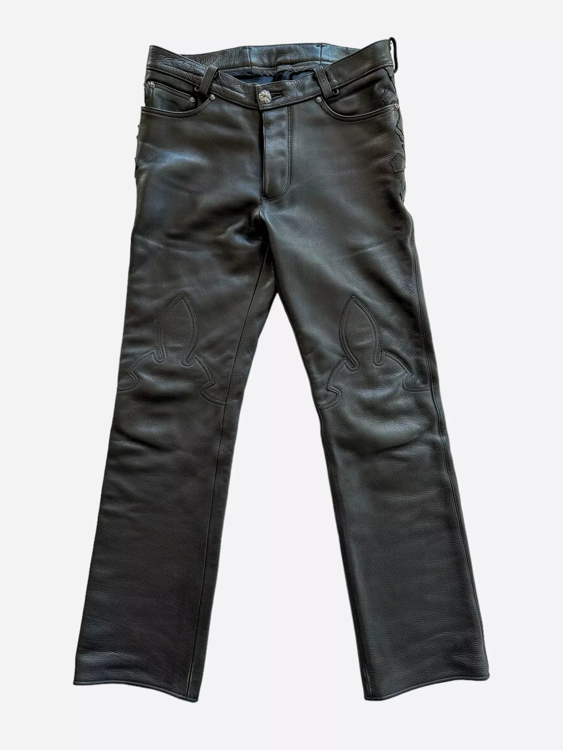 Chrome Hearts Black Leather Cross Patch Fleur Pants