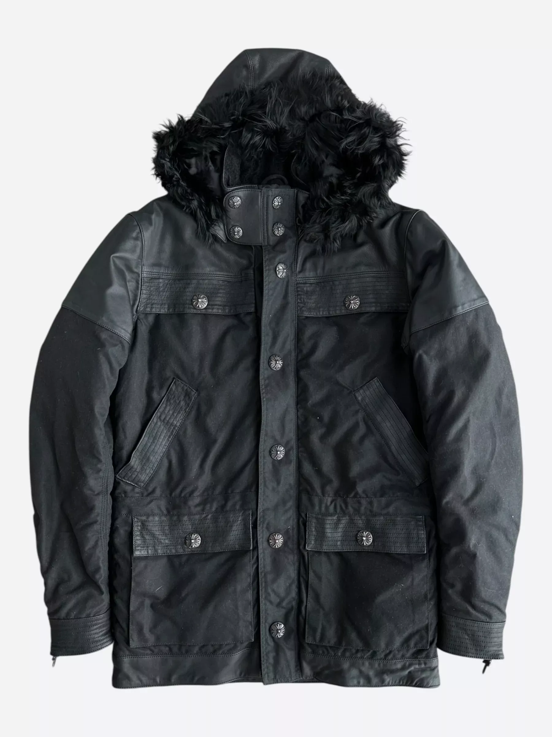 Chrome Hearts Black Leather Fleur Parka Jacket