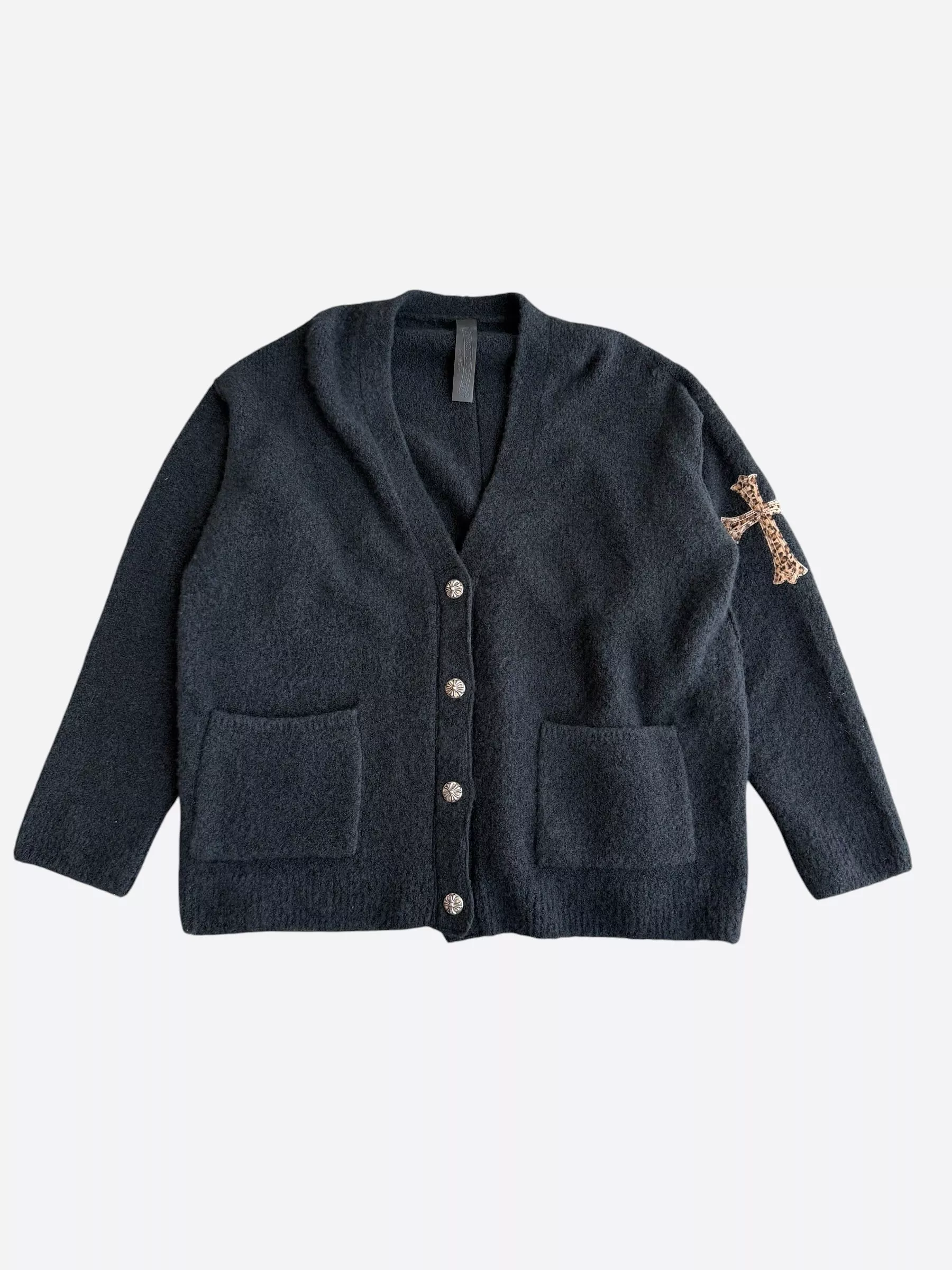 Chrome Hearts Black & Leopard Cross Patch Cashmere Cardigan