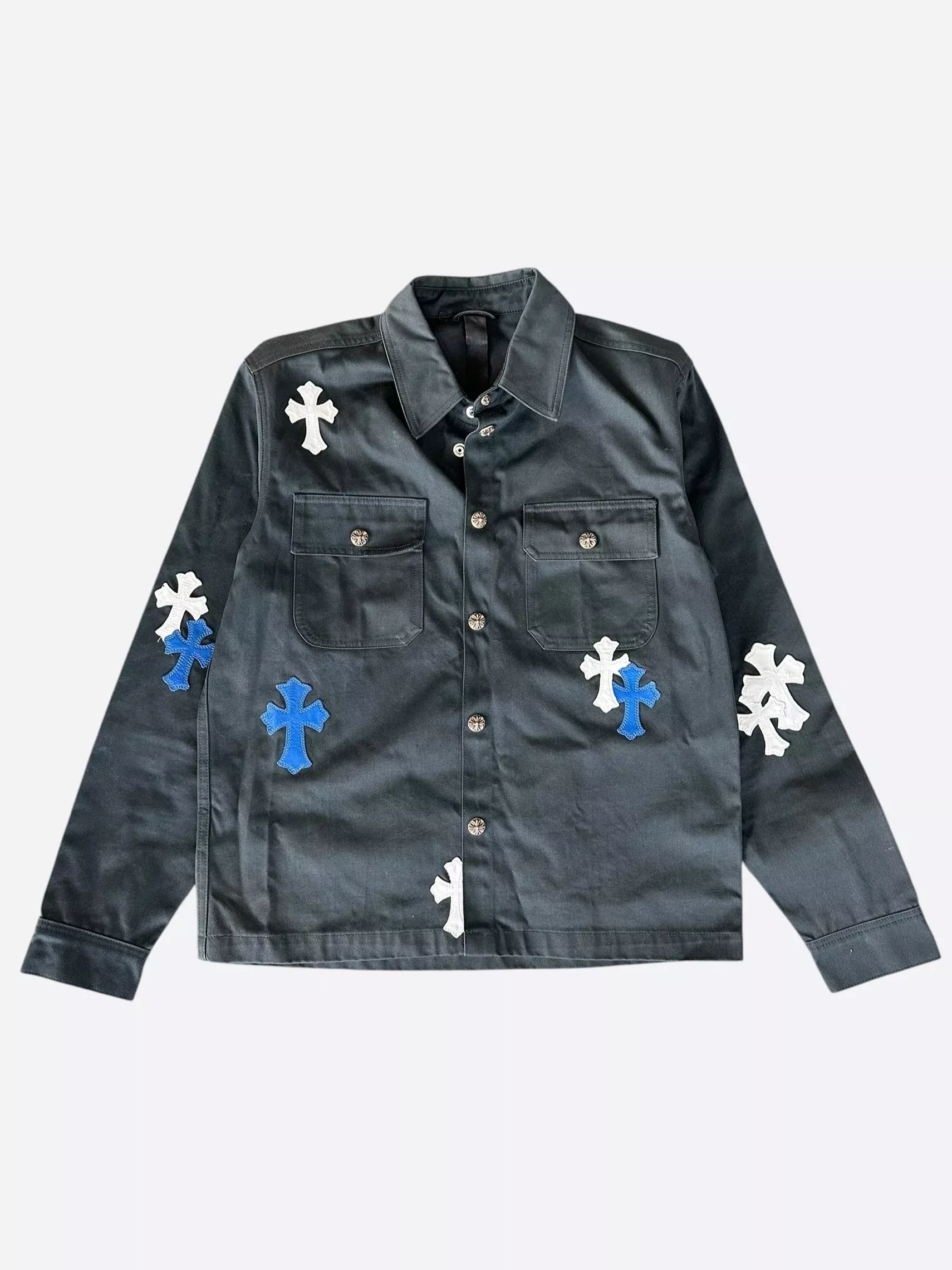 Chrome Hearts Black, White & Blue Cross Patch Work Dog Jacket