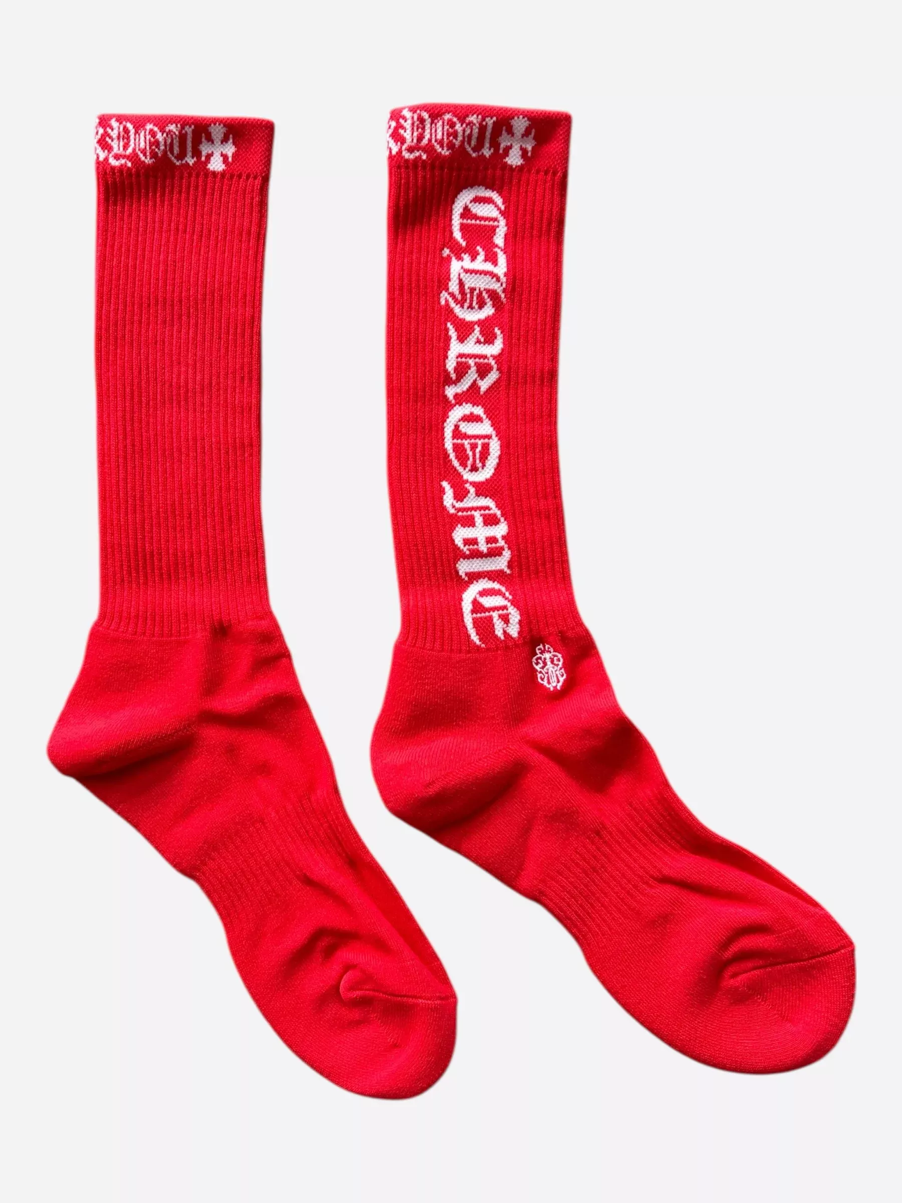 Chrome Hearts Red & White Script Logo Socks