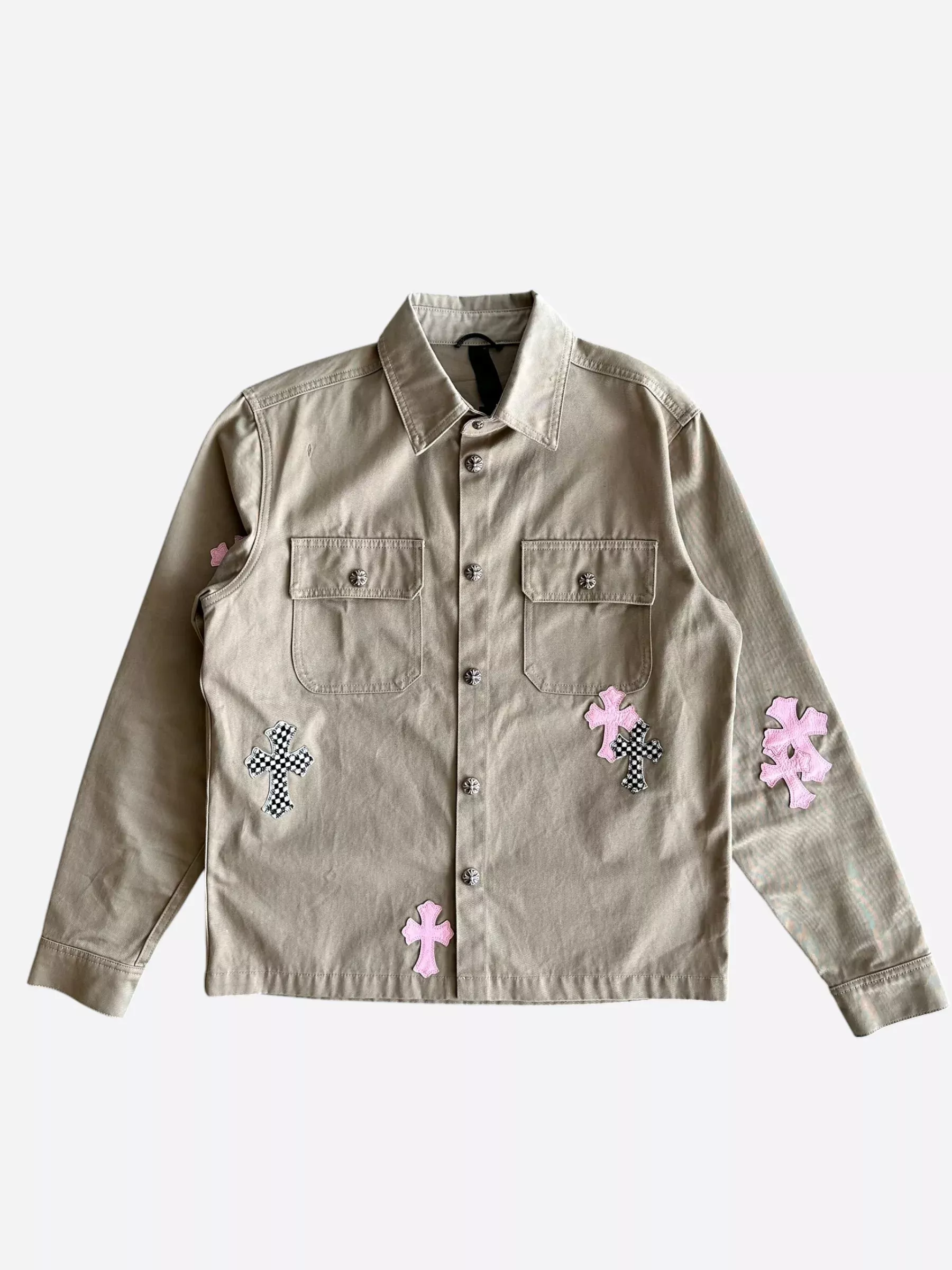 Chrome Hearts Tan Pink & Checkered Cross Patch Work Dog Jacket