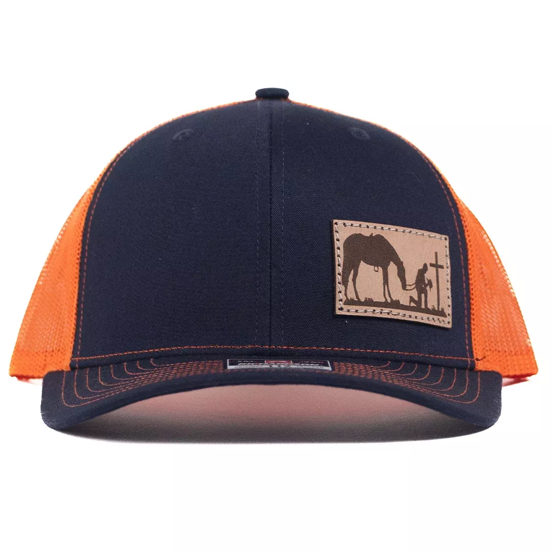 CP105 - Cowboy Prayer Leather Patch Navy/Orange Cap