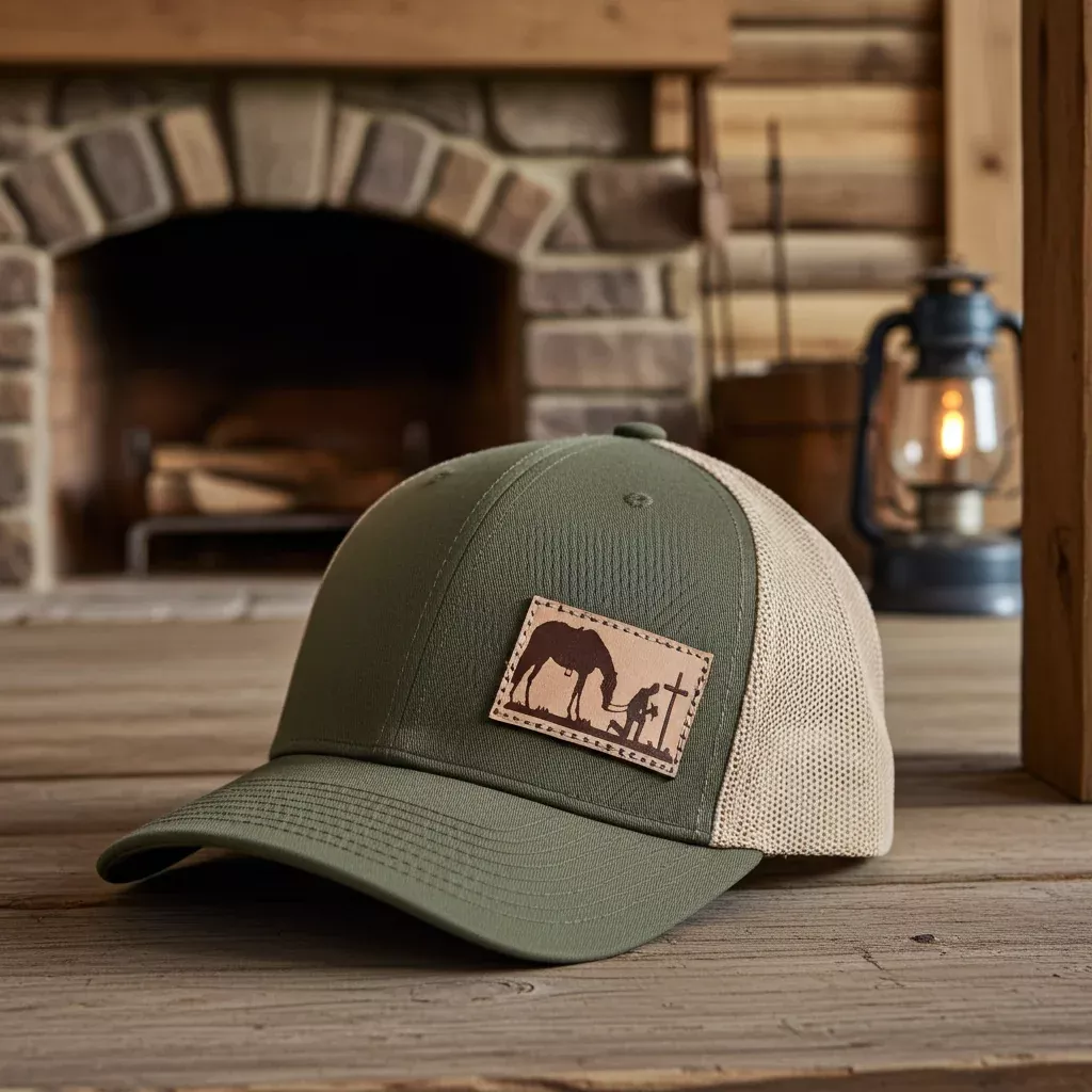 CP118 - Cowboy Prayer Leather Patch Moss/Khaki Cap