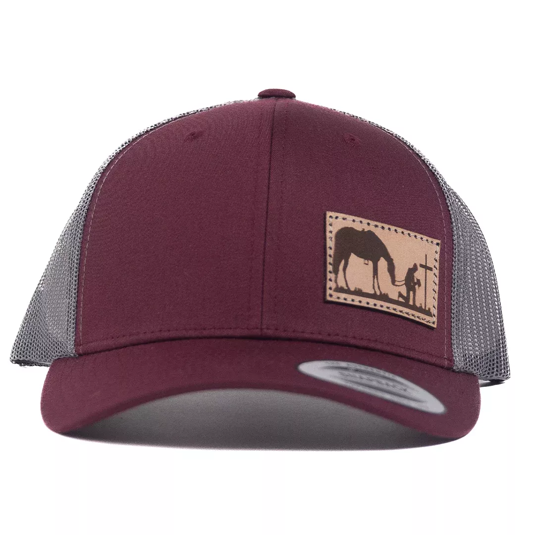 CP119 - Cowboy Prayer Leather Patch Maroon/Grey Cap
