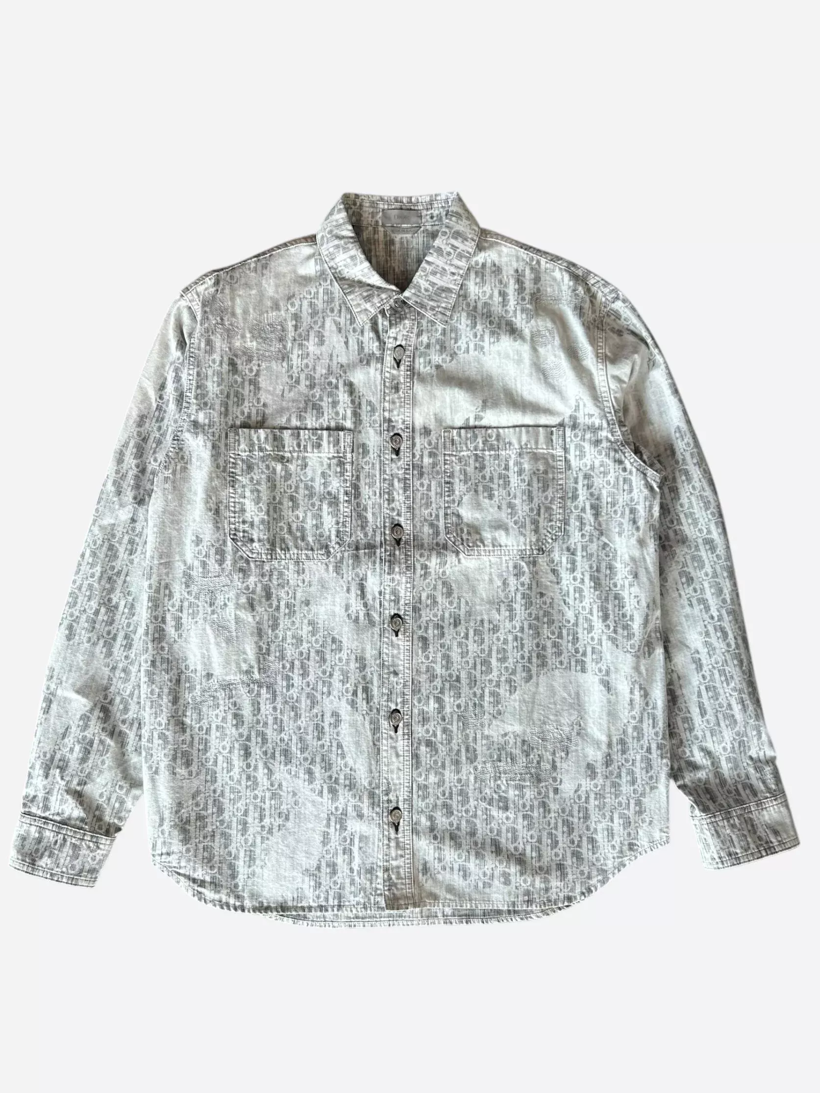 Dior Grey Oblique Distressed Button Up Shirt