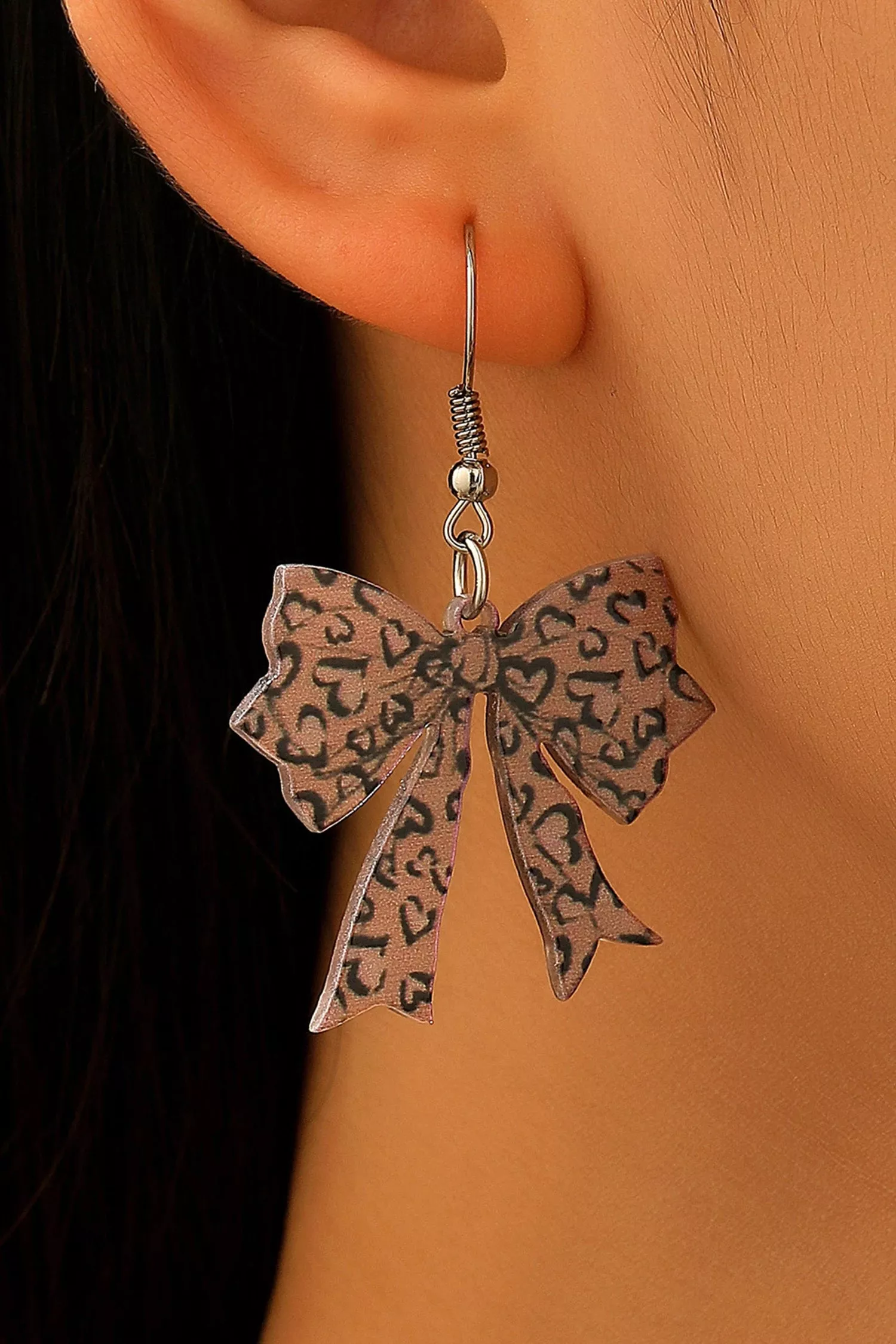 DLLER 26 - Cinnamon Stylish Leopard Printed Bow Stainless Hook Earrings