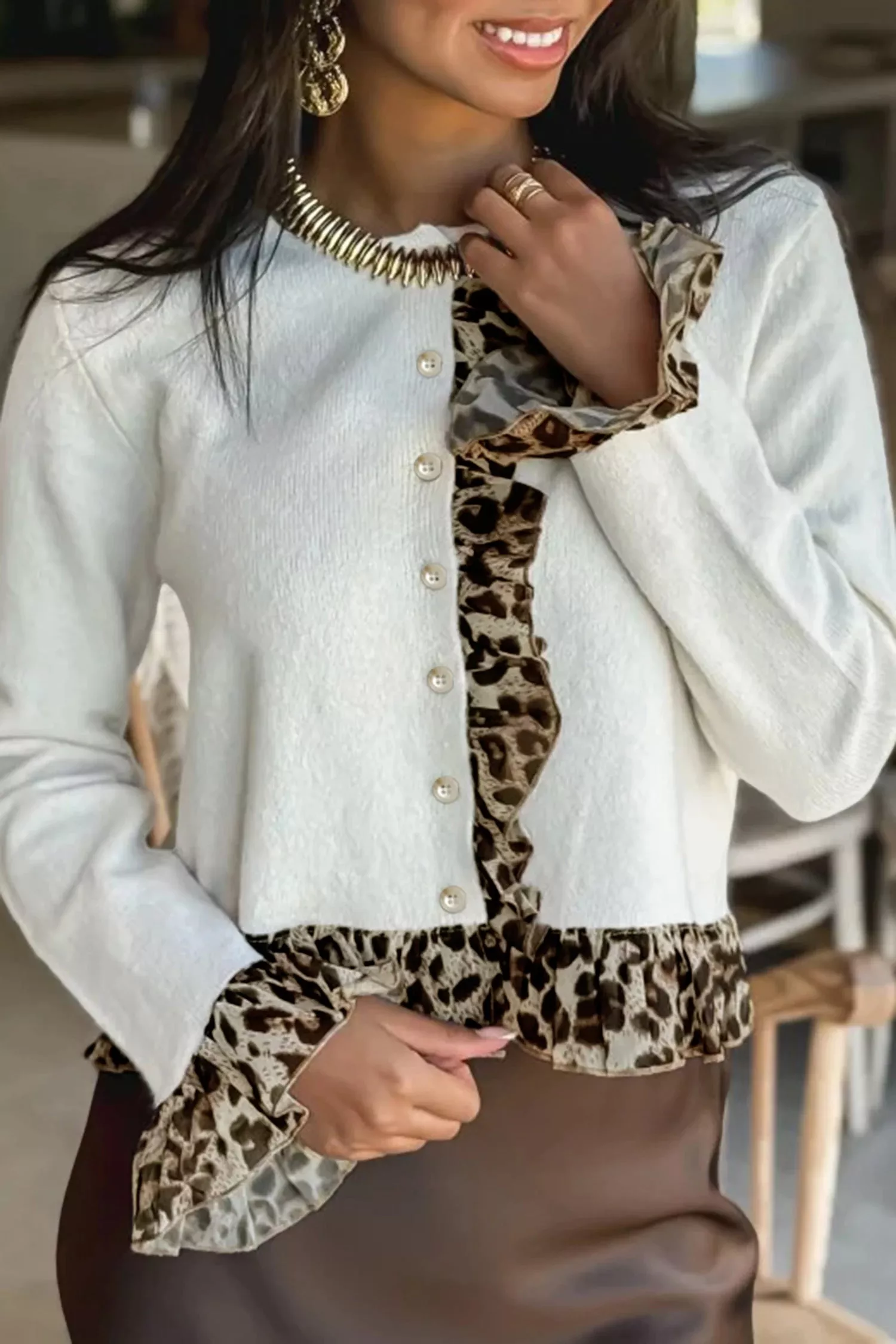 DLLS371 - Ladies White Knitted Leopard Ruffle Patchwork Button Down Cropped Cardigan