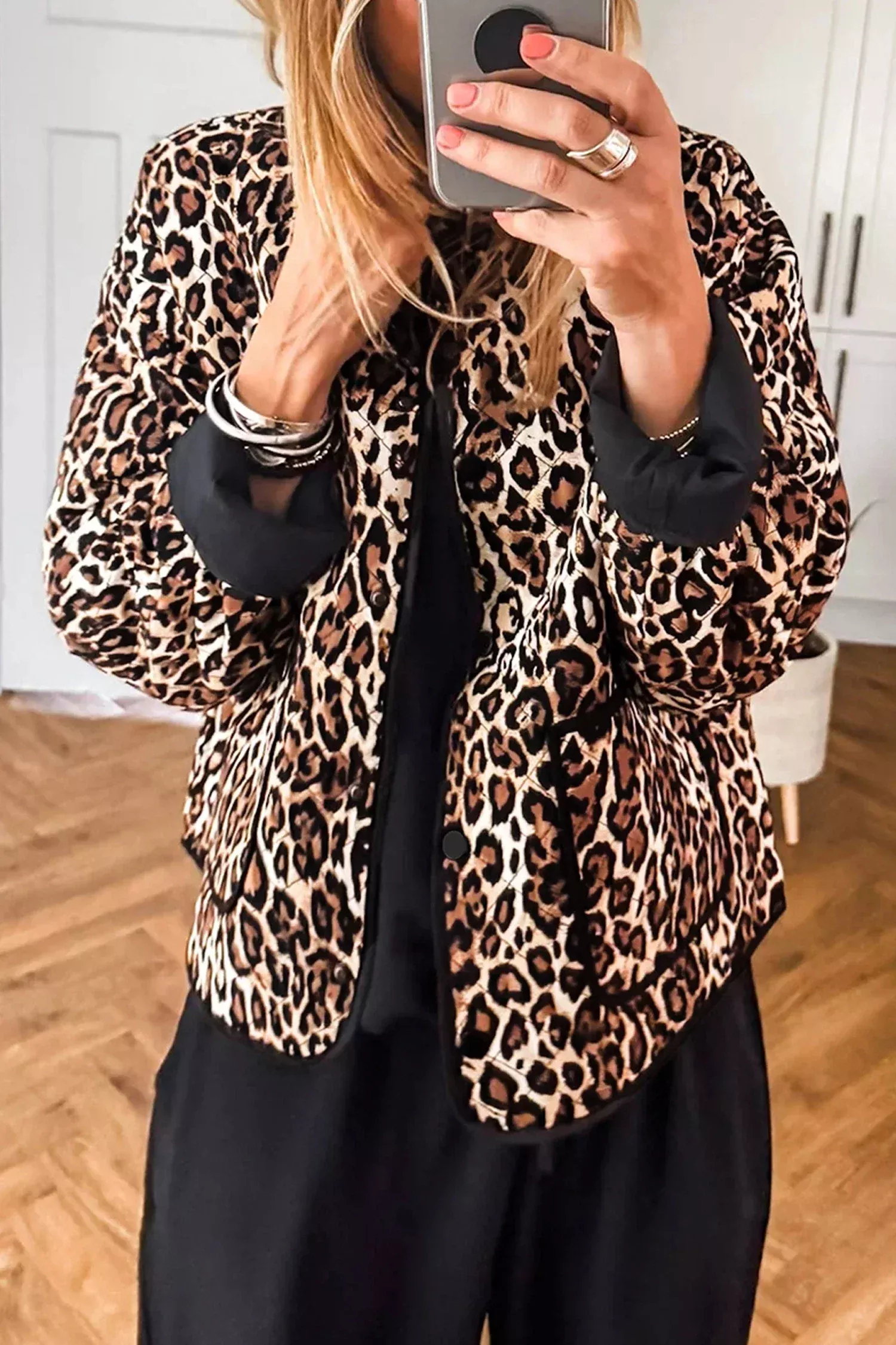 DLLS997 - Ladies Brown Leopard Print Quilted Button Front Patch Pockets Jacket