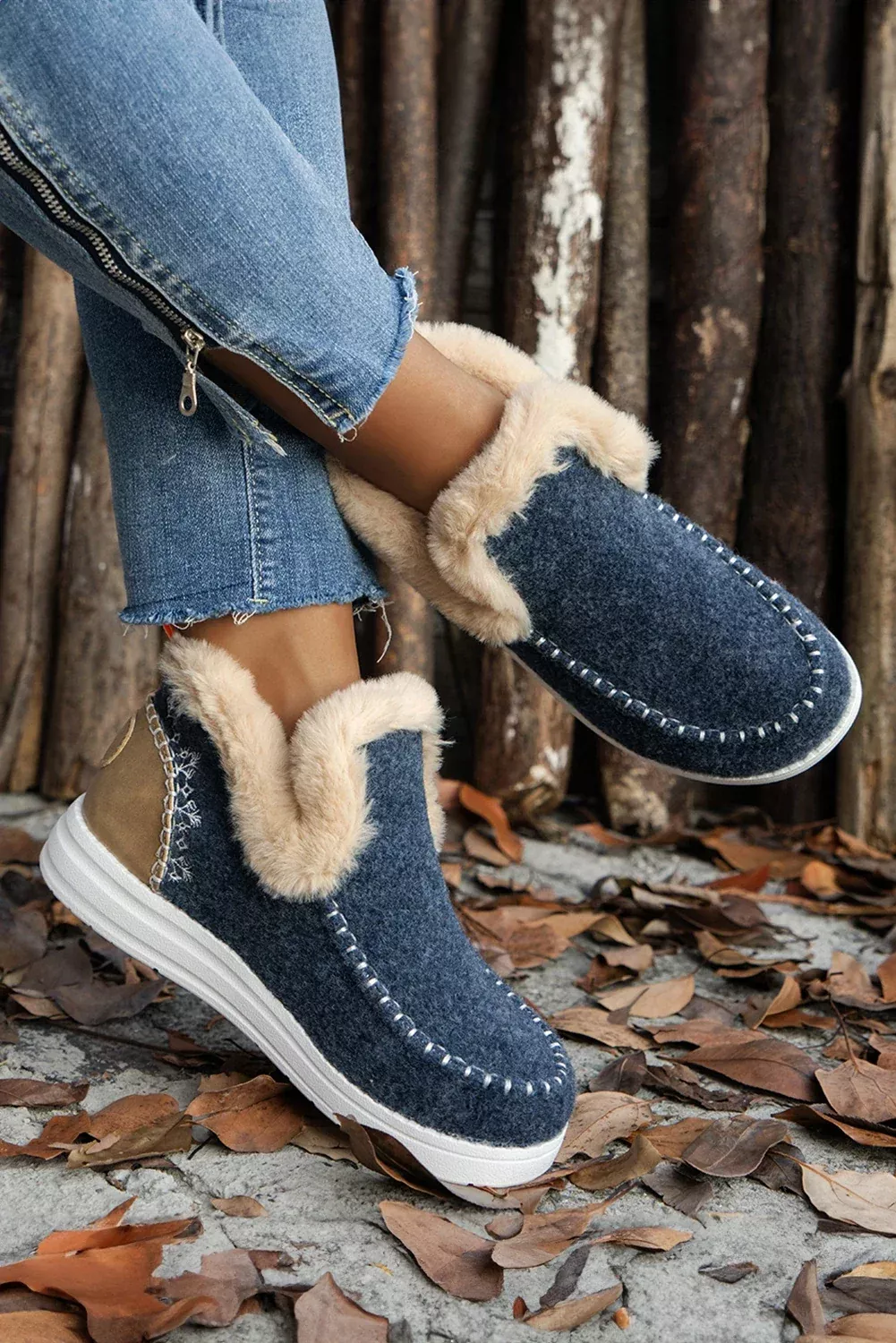 DLLSHOE 123 - Blue Suede Stitching Patchwork Plush Lined Anklet Boots