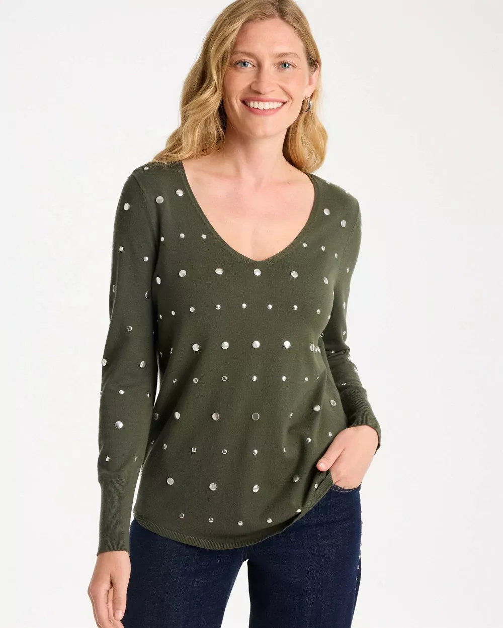 Ella Embellished V-Neck Pullover Sweater