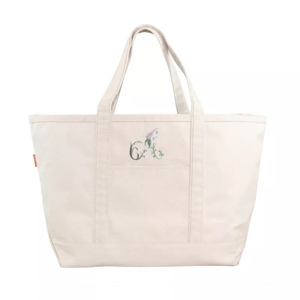 Floral Initial on Large Natural Canvas Tote