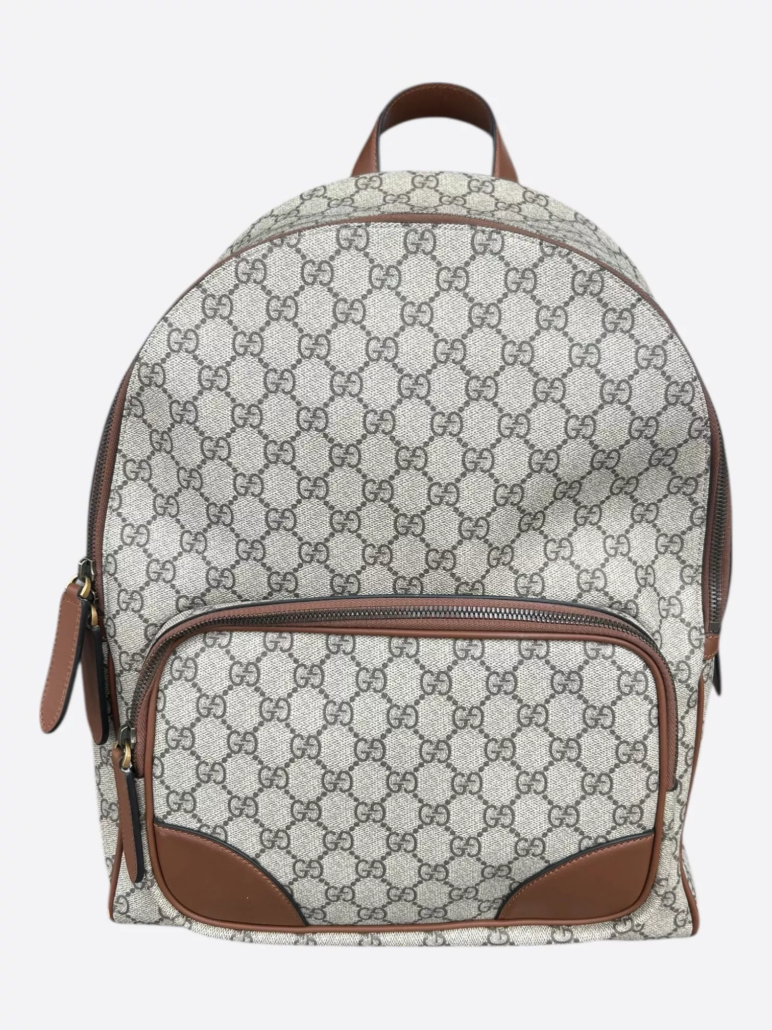 Gucci Beige & Brown GG Monogram Emblem Backpack