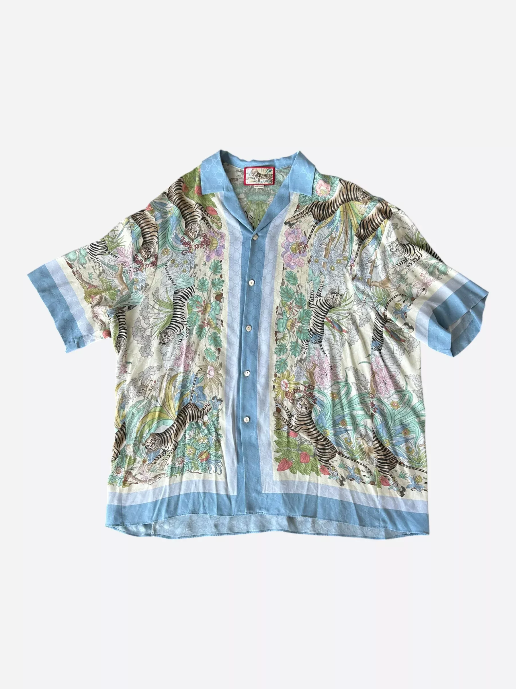 Gucci Blue & Multicolor Monogram Tiger Button Up Shirt