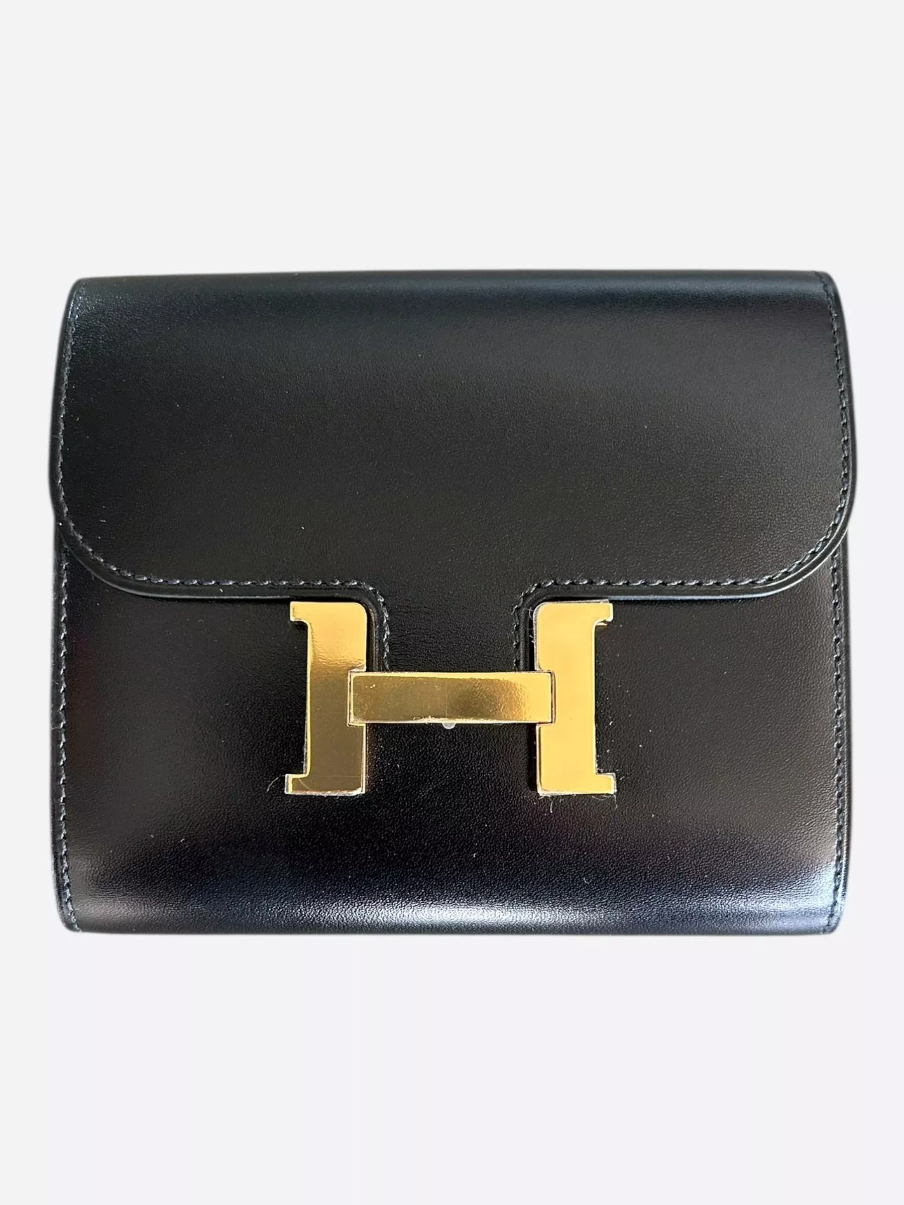 Hermes Black Box Leather & Gold Hardware Constance Compact Wallet