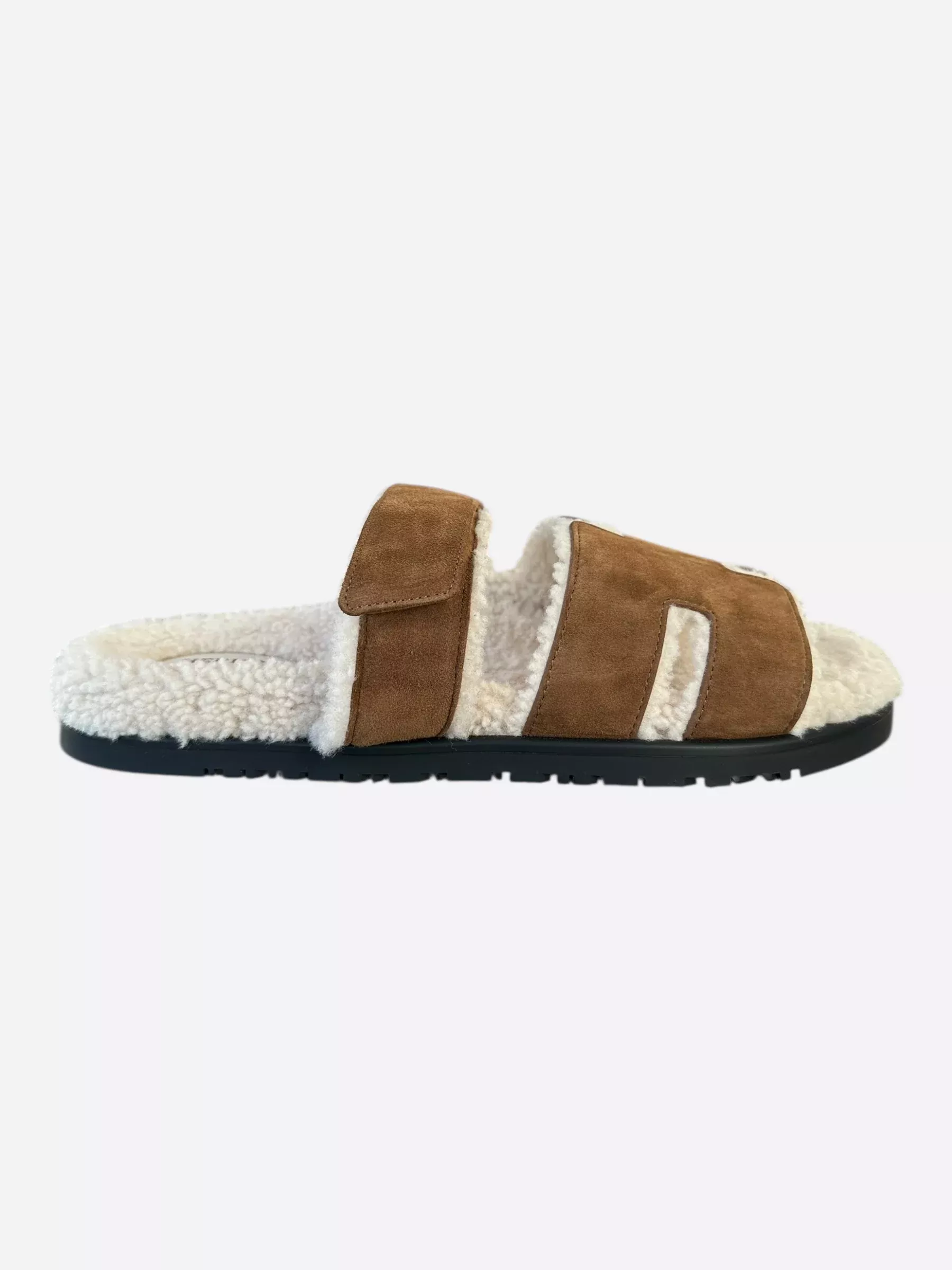 Hermes Brown Suede Chypre Shearling Sandals