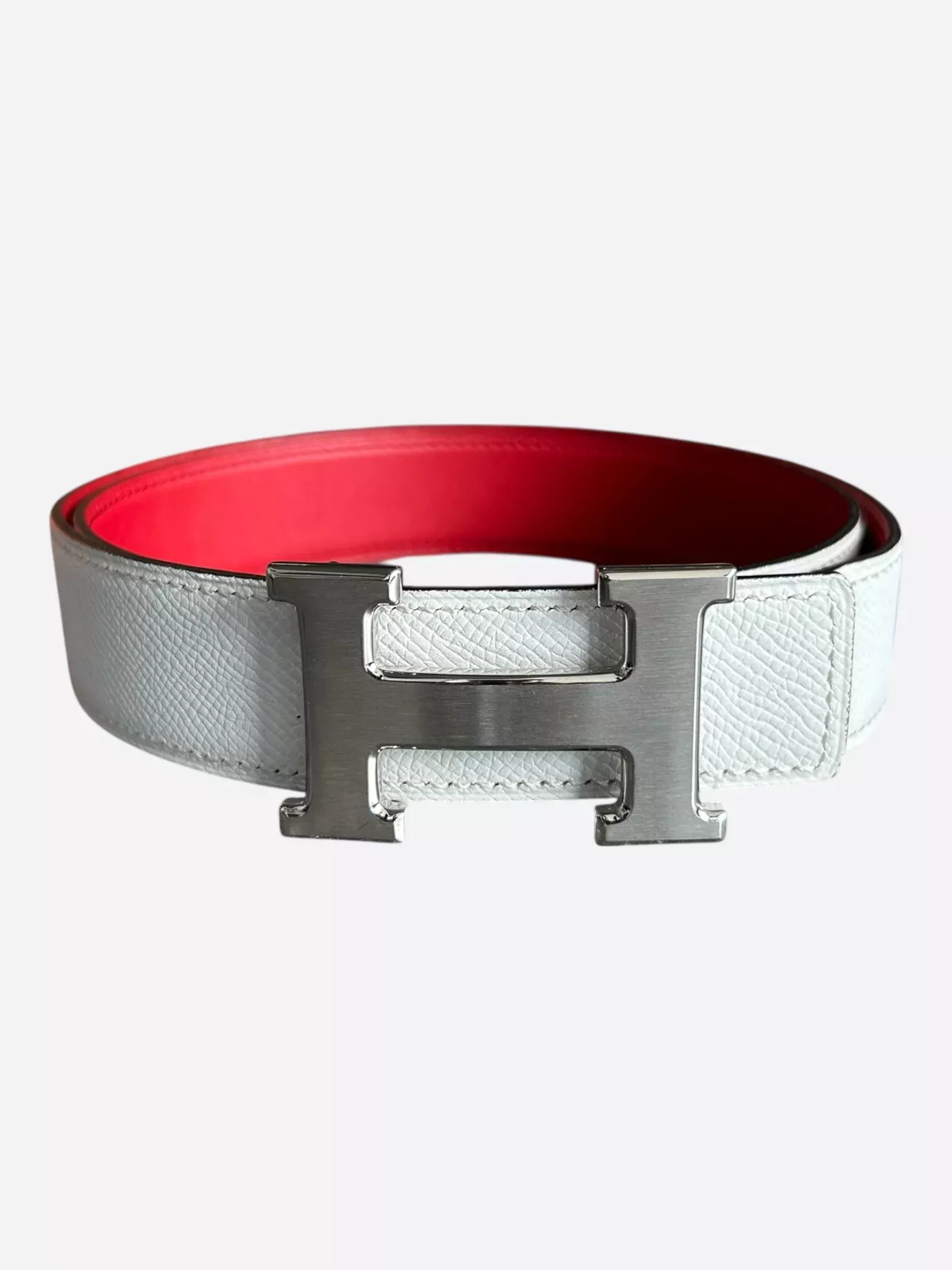 Hermes White & Red Constance Palladium Reversible Belt