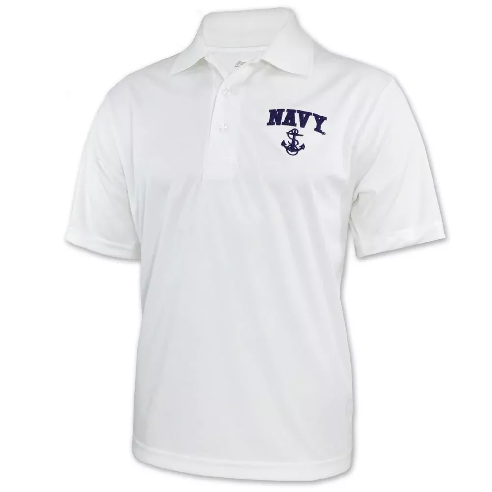 Navy Anchor Embroidered Performance Polo (White)