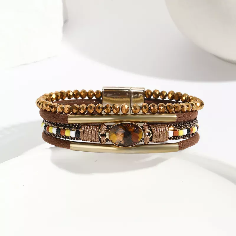 NIHBC24 - One Piece Brown Multi Layer Bracelet With Brown Stone