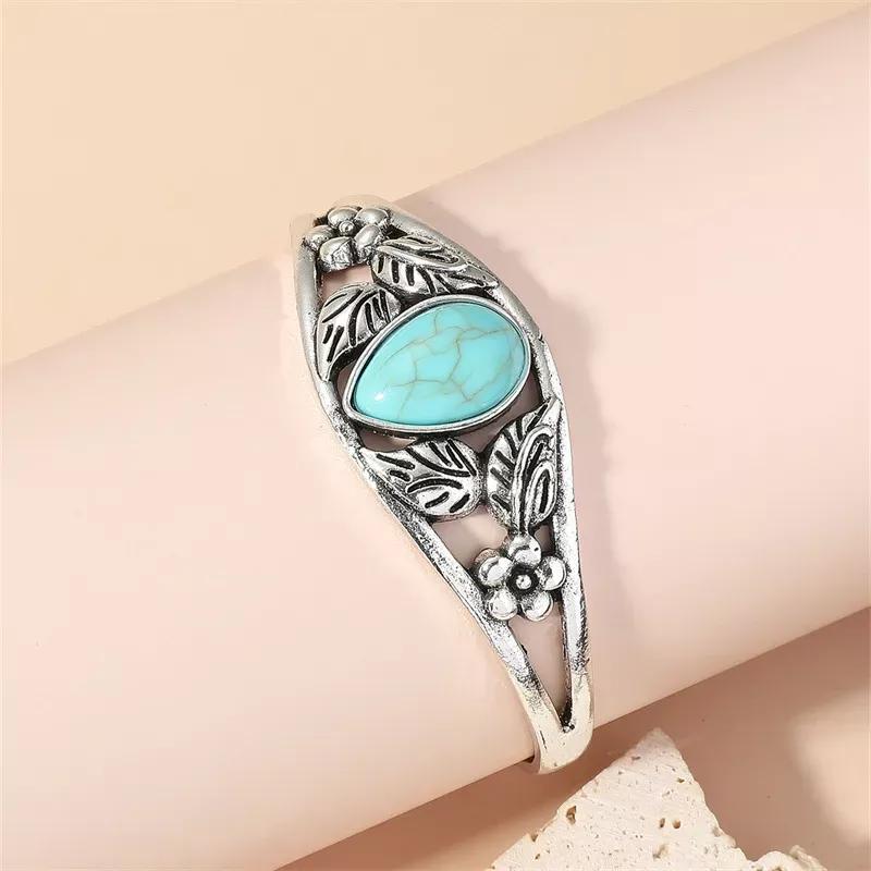 NIHBC36 - Retro Leaf Water Droplet Turquoise Stone Bracelet