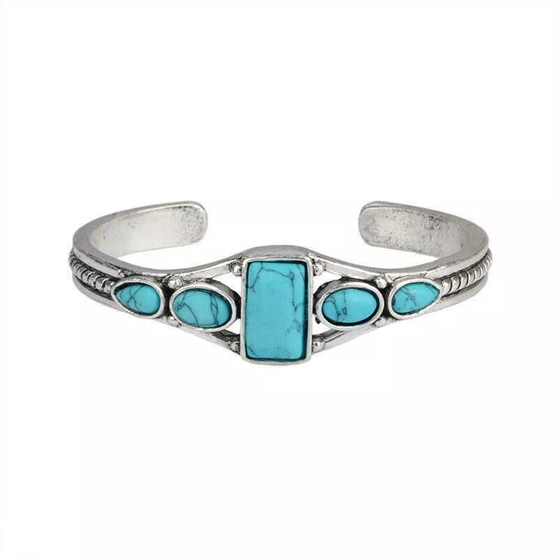 NIHBC42 - Metal Multi Stone Square Turquoise Bangle Bracelet