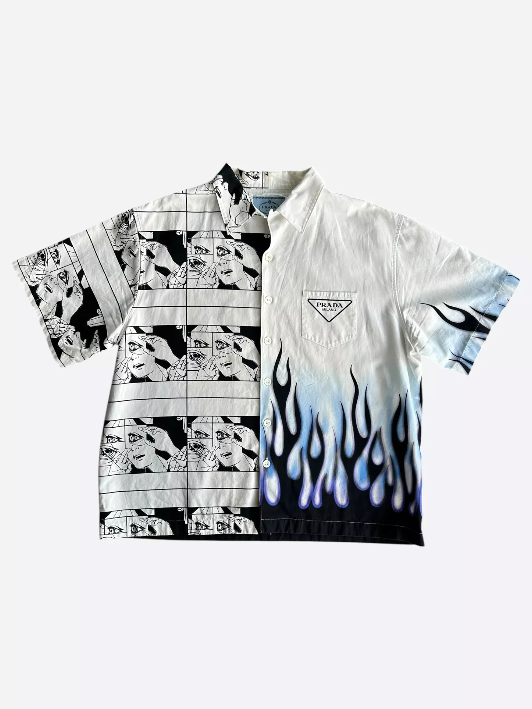 Prada White Flames Split Button Up Shirt