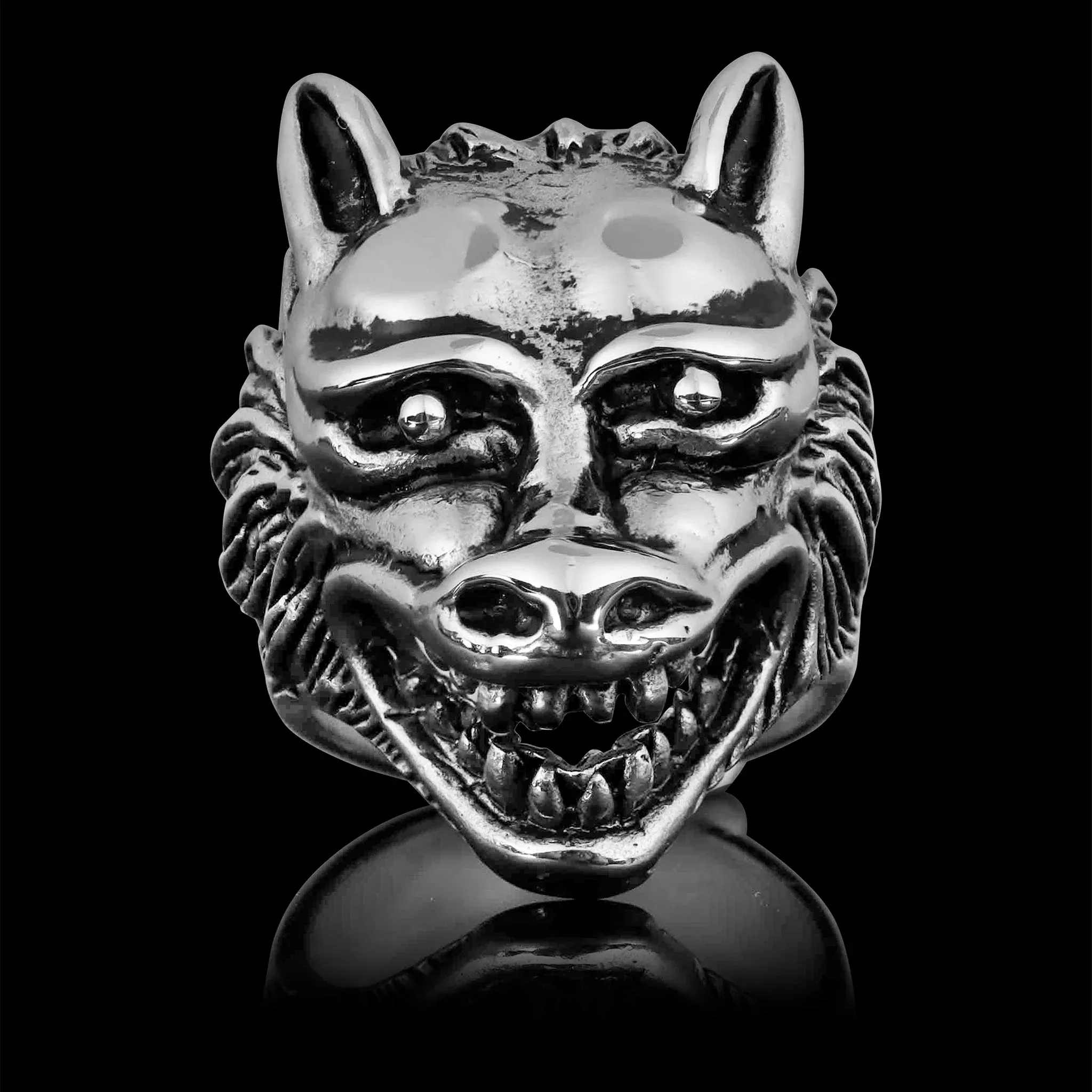 Stainless Steel Polished Snarling Wolf Ring