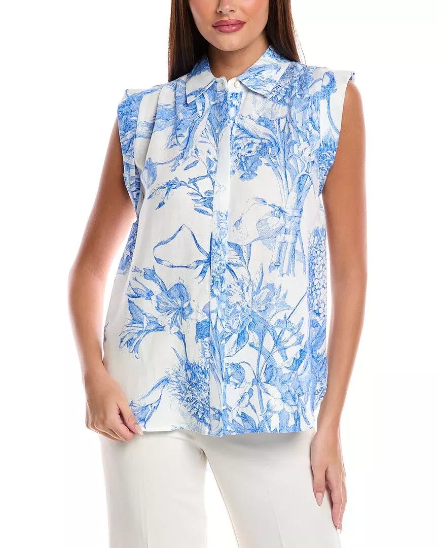 T Tahari Button Linen-Blend Blouse