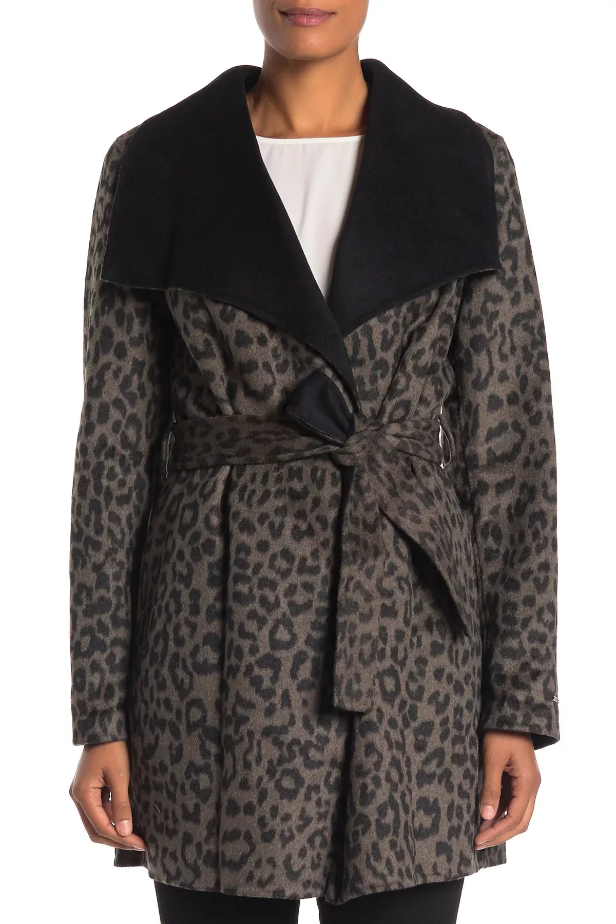 T Tahari Ella Leopard Double Faced Wool Wrap Belted Coat