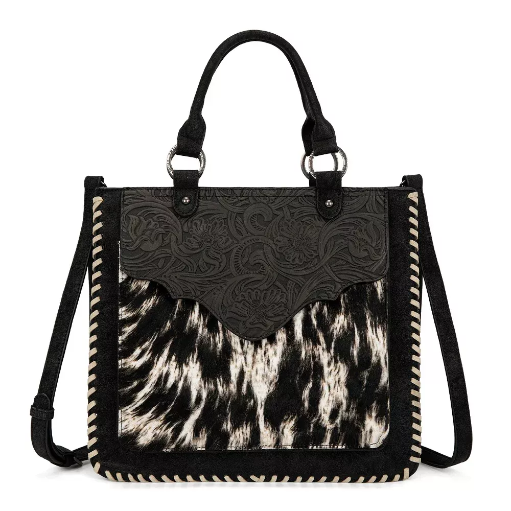 TR208-8317BK - Trinity Ranch Cowhide ＆ Tooled Leather Tote Bag - Black