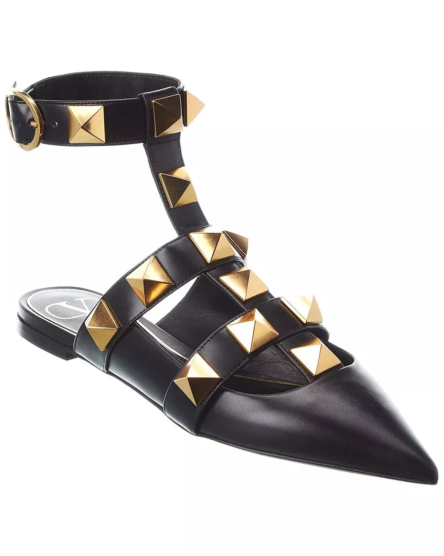 Valentino Roman Stud Leather Ankle Strap Flat